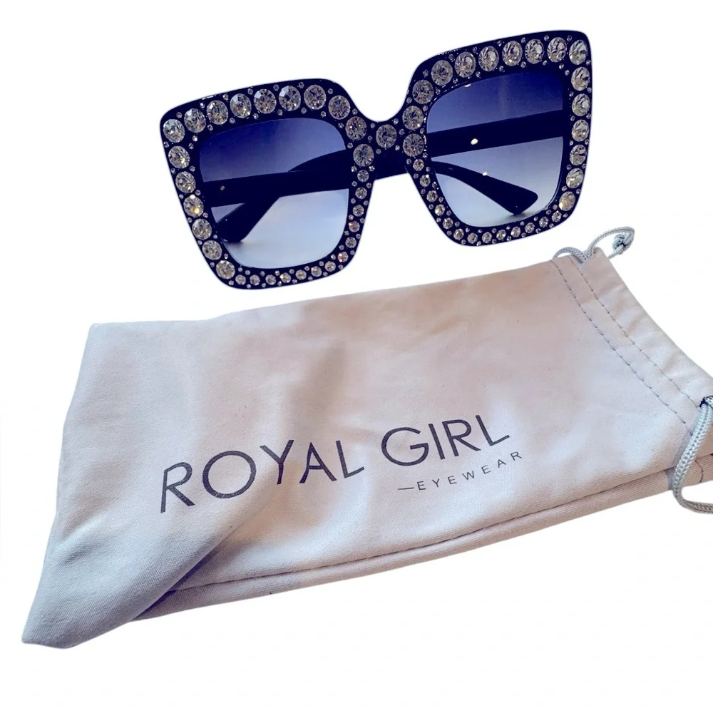 Oversized square rhinestone studded sunglasses. By Royal Girl Eyewear. EUC